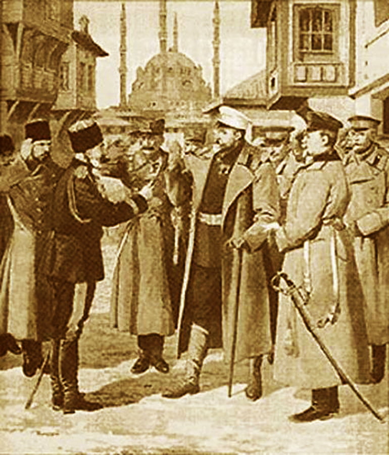 Predaja Šukri-paše generalu Ivanovu. Ilustracija iz francuskog ''Malog žurnala''