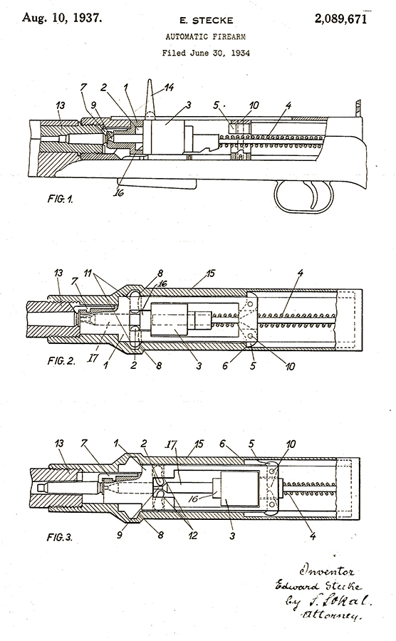 Patentni list ''Automatsko oružje'' Eduarda Stekea № 2,089,571 оd 10. avgusta 1937.