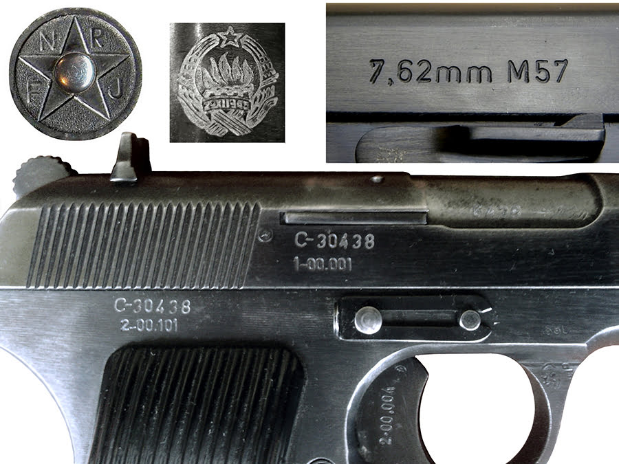 Oznake na službenim pištoljima M57: kalibar, model, grb FNRJ/SFRJ, seriski broj, kataloški broj delova, žig vojne kontrole (VK)
