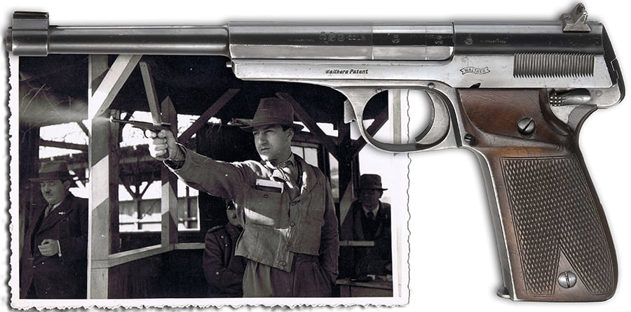 Lazar Jovanović sa streljačkim pištoljem .22 L.R.  Valter-Olimpija M1923/32 na beogradskom strelištu 1935. 
