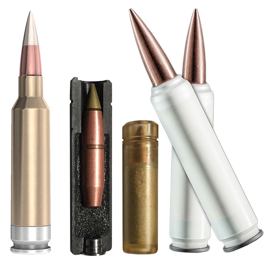 Novi tipovi municije 6.8 RS za američki program NGSW (sleva udesno): ''Sig Sauer'' sa čeličnim dancetom čaure; ''Textron'' ''teleskopska'' municija; municija sa čaurama od polimera. 