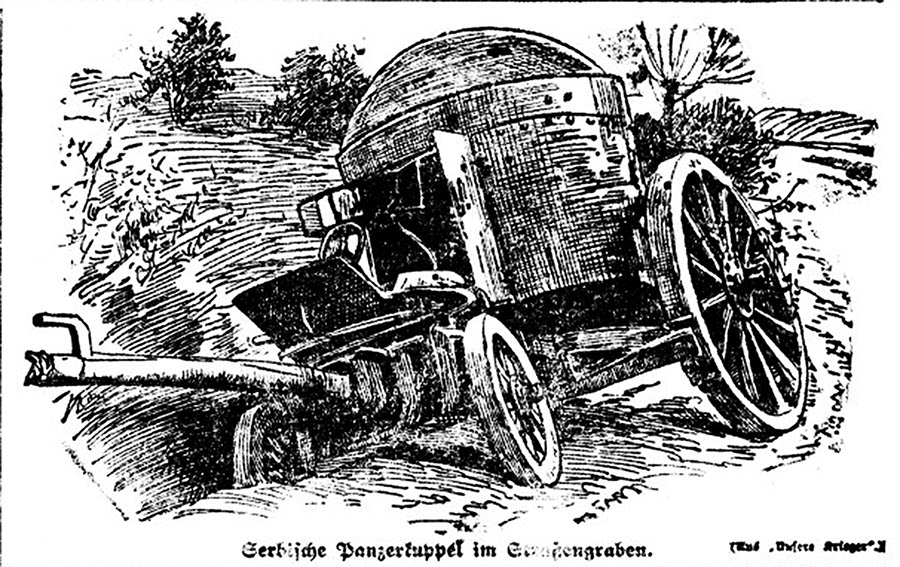 ''Srpsko'' oruđe sistema Gruzon, uništeno tokom borbi oko Beograda 1915 godine. Austrijska štampa iz epohe.
