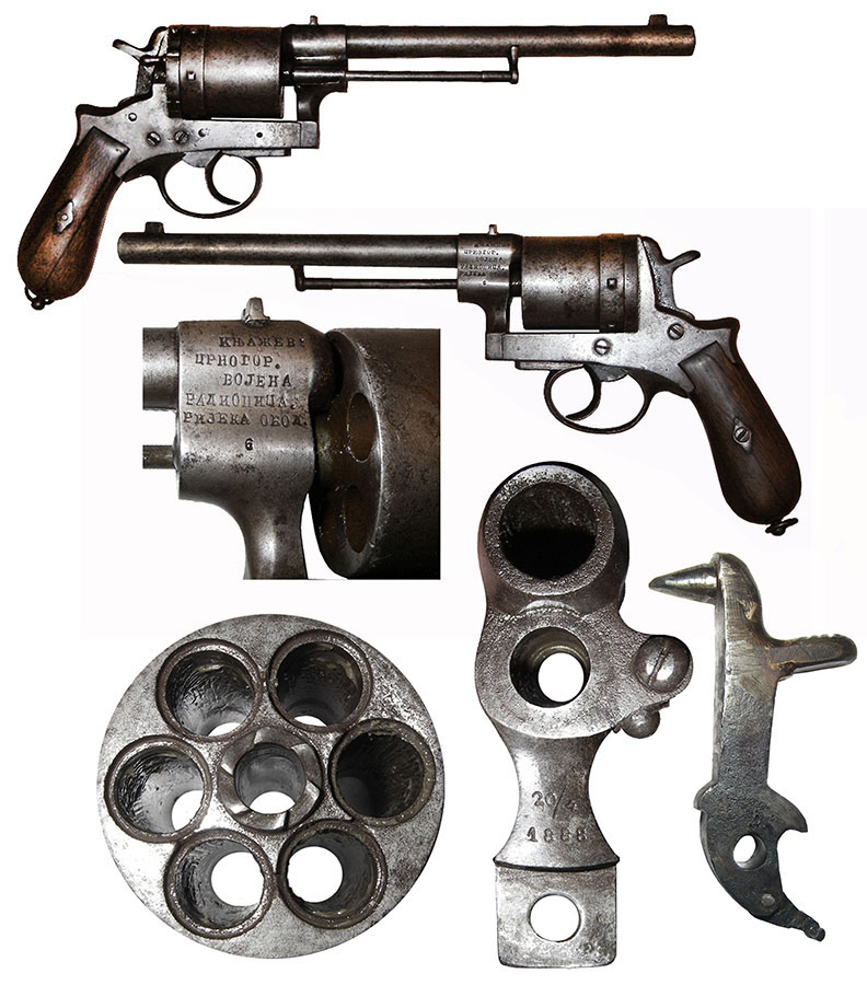 Revolver sa utisnutim datumom 20/4 1888, ćirilićnim natpisom KNJAŽEV:/CRNOGOR./VOJENA/RADIONICA./RIJEKA OBOD. i brojem 6