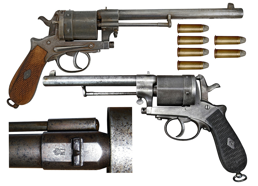 Crnogorski službeni revolveri 11.2 mm sistema Gasser M1870 (gore) i M1870/74 (dole) sa monogramom knjaza/kralja Nikole I (NI) na osnovi cijevi