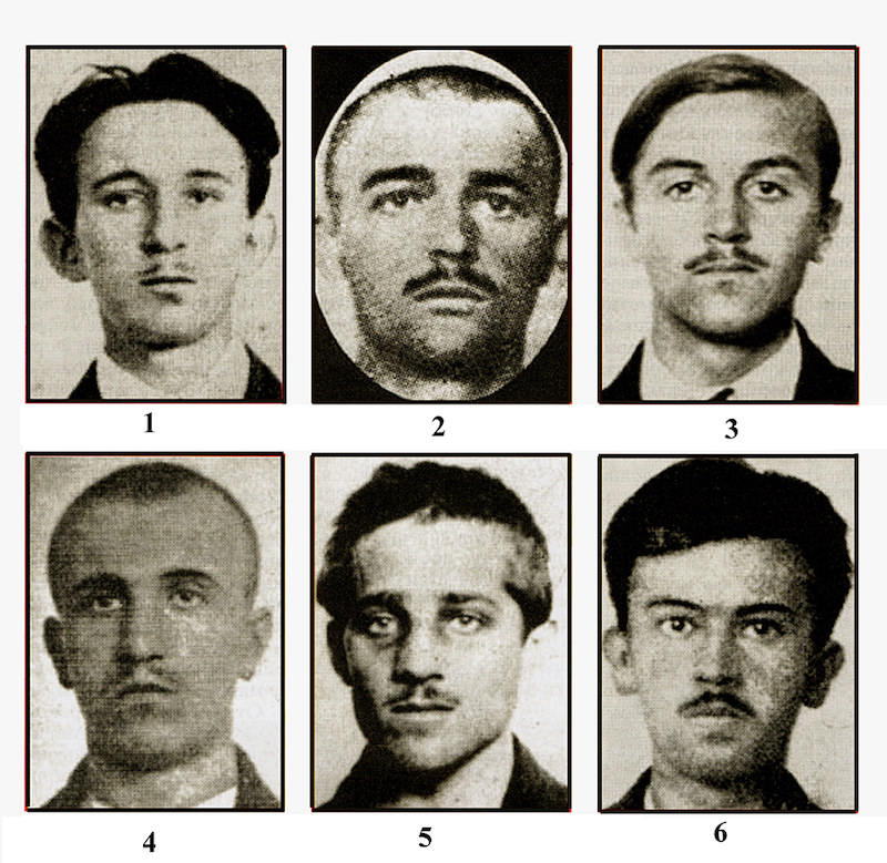 Atentatori: Vaso Čubrilović, Nedeljko Čabrinovič, Cvetko Popović, Danilo Ilić, Gavrilo Princip i Trifko Grabež