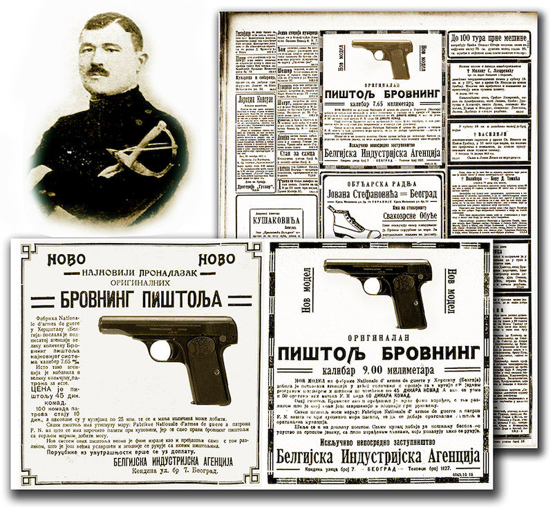 Charles Mathieu Doucet, vlasnik beogradske ''Belijske industrijske agencije’’ i reklama za pištolj brauning M1910 u dnevnom listu ''Politika'' (10 januar 1913.)