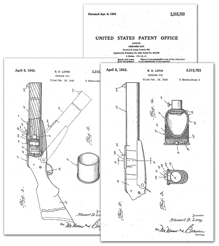 Američki patentni list br. 2,315,753 od 6. aprila 1943. za konstrukciju puške za lansiranje RB Mils Stjuarta Langa (Stewart D. Long)