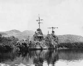 Američka krstarica New Orleans prekrivena kamuflažnom mrežom sakrivena u uvali Tulagi, dan nakon što je pogođena torpedom koji je ispaljen sa japanskog razarača tokom bitke