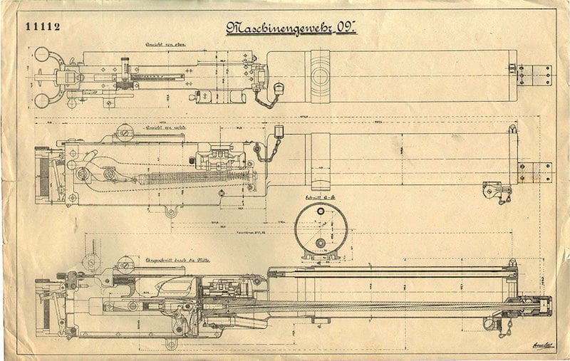 Tehnički crtež 11112 izgleda i preseka mitraljeza M1909 (crnogorski M1912), priložen uz Ponudu berlinskog DWM Crnoj Gori
