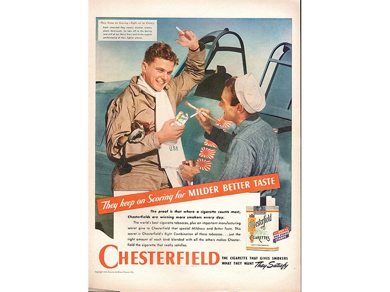 Chesterfield je bila jedna od mnogih duvanskih kompanija koja je tokom oba svetska rata u svojim oglasima prikazivala vojnike sa njihovim cigaretama. (izvor: ebay)