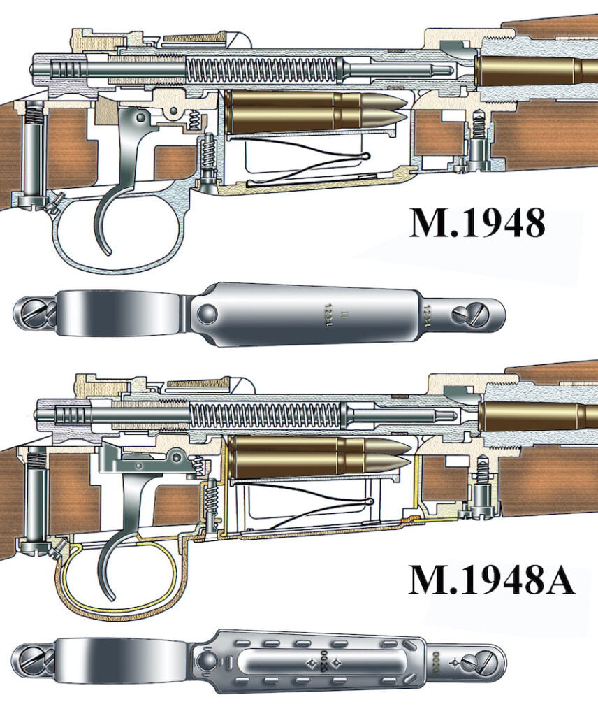 Longitudinal section of M.1948 Rifle (above) and M.1948A (below)