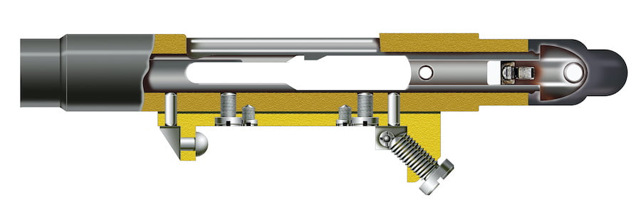 The base of the scope mount was affixed to the left side of the M.1891/30 receiver by means of two locating pins and two screws. The screws were retained and prevented from loosening by two setscrews.