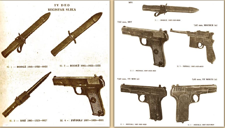 Imenik pešadijskih sredstava 1984 godine: bodež M1951 (levo) i Ipenik pešadijskih sredstava 1968: 1 — bodež M195 i 2 — nož NR-40 (desno).