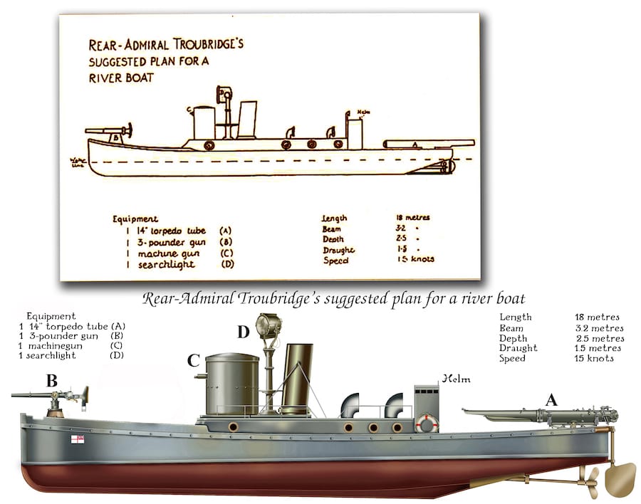 Trubridžov crtež sa predlogom opreme ''torpednog čamca'' i rekonstrukcija prema crtežu. 03a. Ratna luka Malta 1915