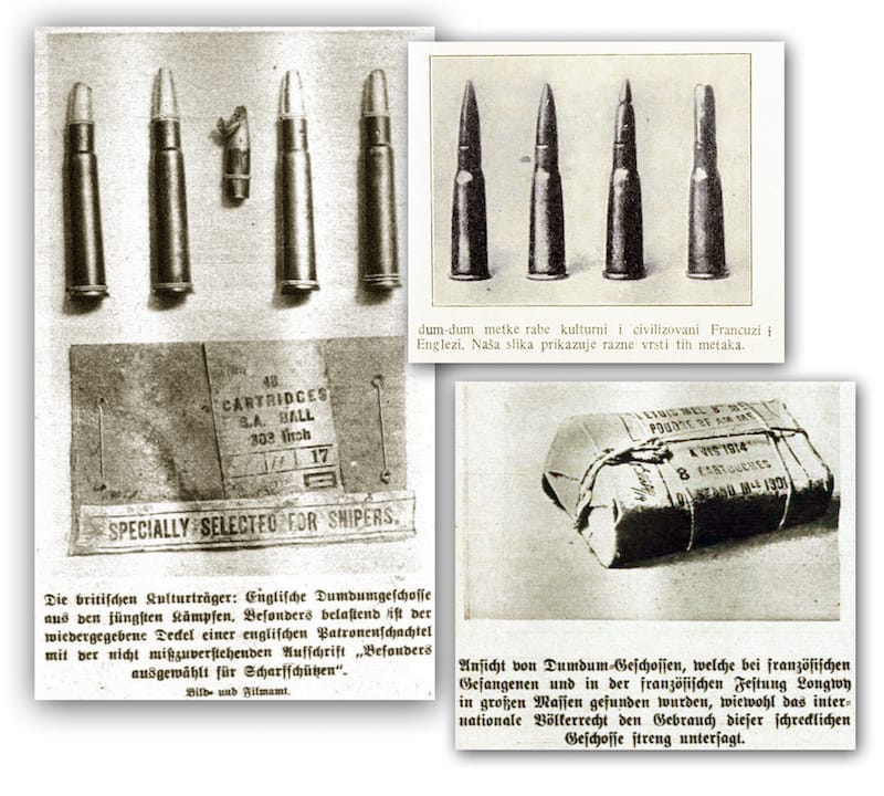 Isečci iz austro-ugarske štampe: propagandni materijal o upotrebi ''dum-dum'' metaka od strane Francuza i Britanaca.