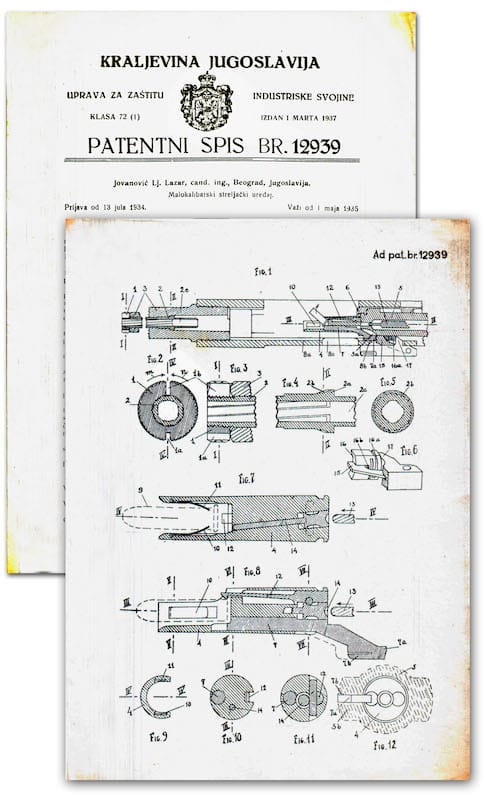 Patentni list br. 12939 za Malokalibarski strelјački uređaj, izdat Lazaru Jovanoviću 1. marta 1937.
