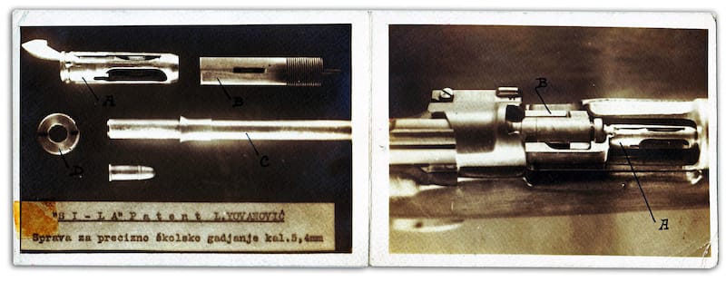 Fotografija iz epohe Sprave za precizno školsko gađanje kal. 5,4mm, ''SI-LA'' Patent L. Yovanović''.