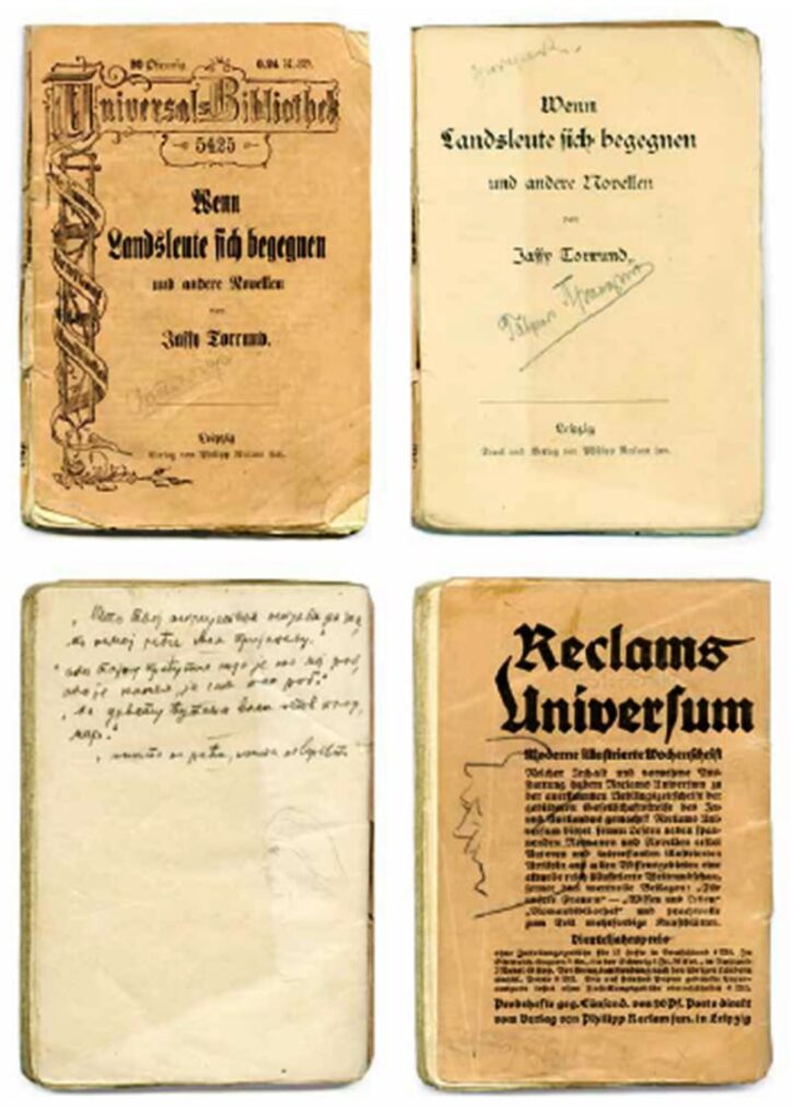 Potpis Gavrila Principa, njegove beleške i skice na stranicama knjige ''Kada se zemlјaci sretnu''. Arhiv Srbije
