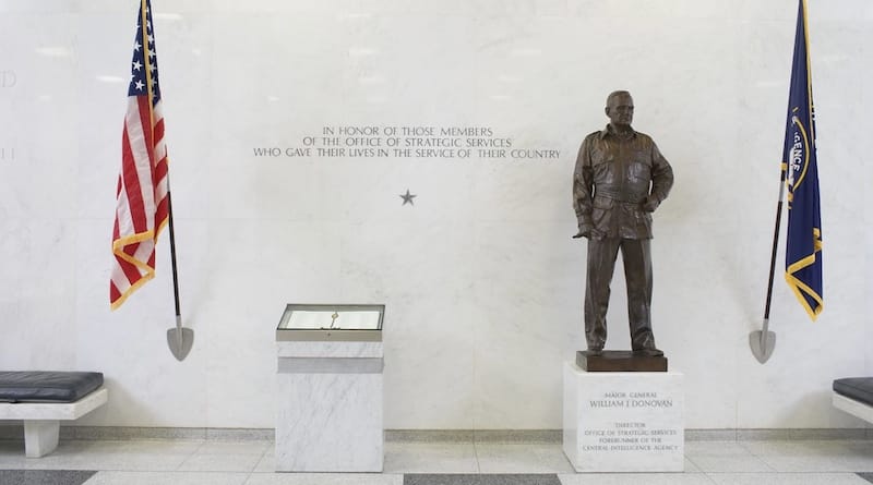 OSS memorial in the CIA headquarters, with statue of “Wild Bill” Donovan