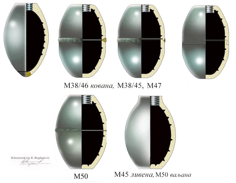 Tela ofanzivnih bombi M38/46 kovanih, M38/45, M47, M50, M45 livenih i M50 valјanih. 