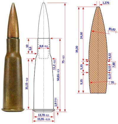 Slika 6. Metak 8 mm Mle 1886D iz 1915. godine (levo); Osnovne dimenzije metka Mle 1886D (u sredini); Osnovne dimenzije zrna prema crtežu iz 1905. godine (desno).