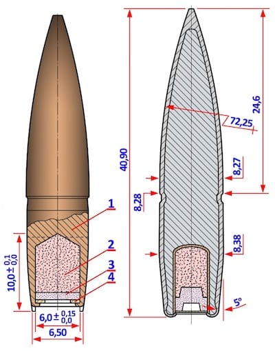 Slika 12. Obeležavajuća zrna 8 mm  Balle T (levo) – 1. Zrno; 2. Obeležavajuća smeša; 3. Pripala; 4. Pokrivka; Balle Mle 1951T (desno)