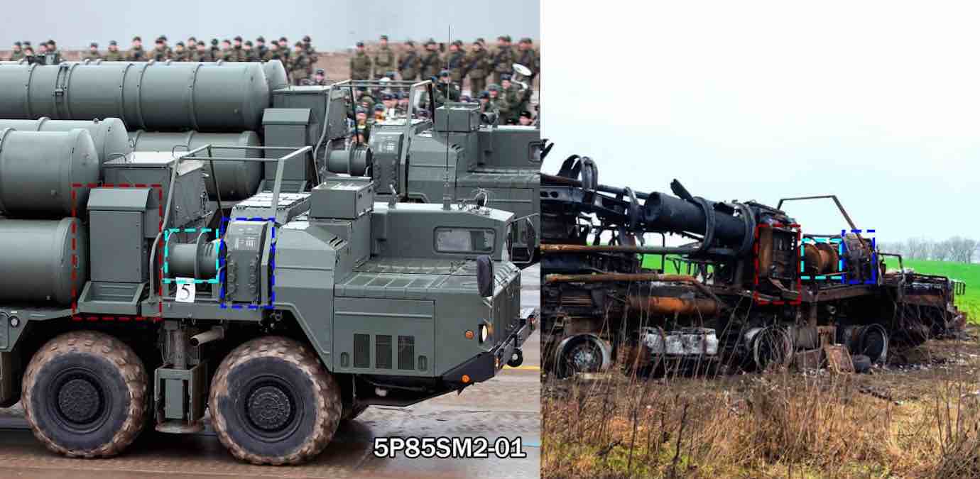 5P85SM2-01 TEL lanser iz sistema S-400 (levo) i uništeni lanser sistema protivvazdušne odbrane u Ukrajini (Twitter/Ukraine Weapons Tracker)