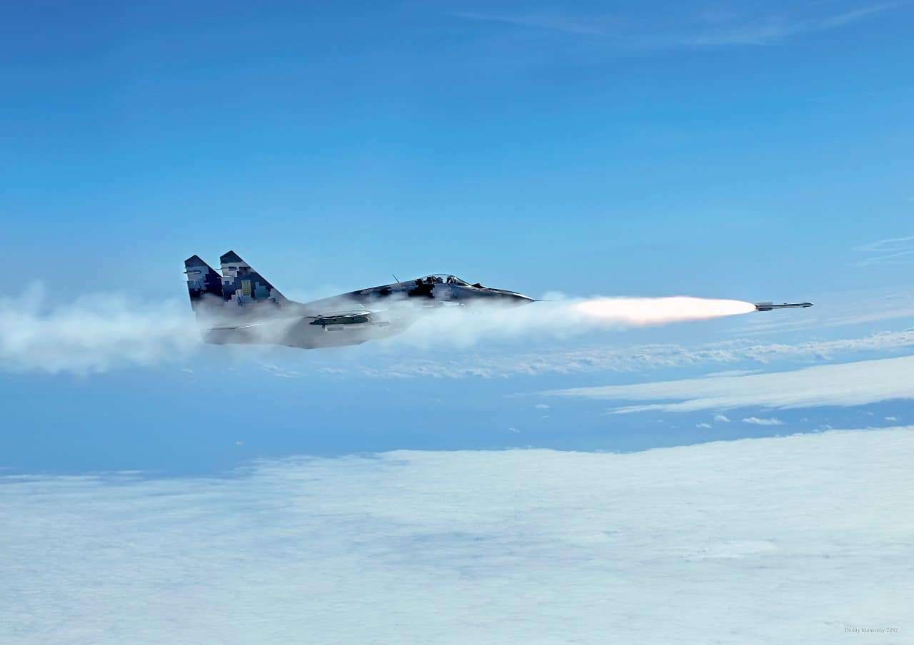 ukrajinski lovac mig 29 ispaljuje raketu vazduh vazduh