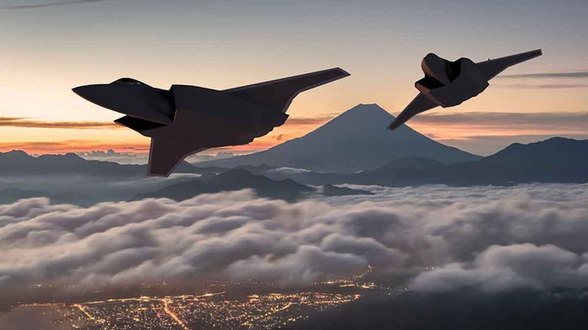 umetnicki koncept gcap lovaca koji lete iznad japana sa planinom fudzi u pozadini.