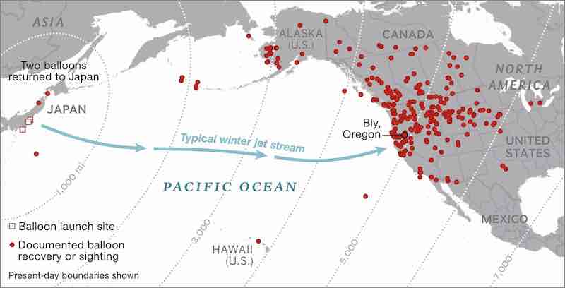 balon bombe lansirane iz japana bile su namenjene sjedinjenim drzavama mnoge su pogodile svoj cilj. mapa jerome n. cookson national geographic izvor dave tevksburi
