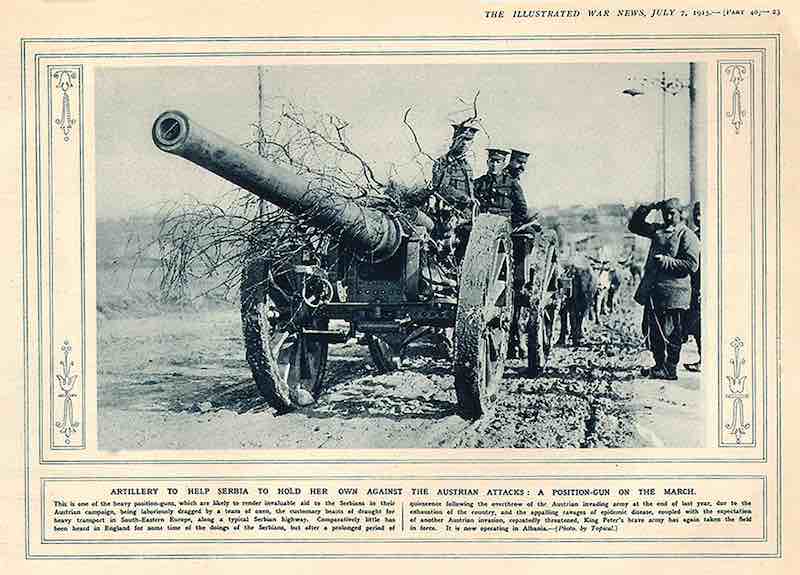 doprema britanskih topova uz pomoc volovkse vuce. the ilustraded war news july 7 1915.
