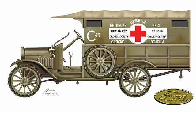 vojno sanitetsko vozilo ford model t kompanije ford motor ko. dirnborn micigen sad poklon drustva britanskog crvenog krsta i udruzenja za hitnu pomoc svetog jovana srpskoj vojsci.