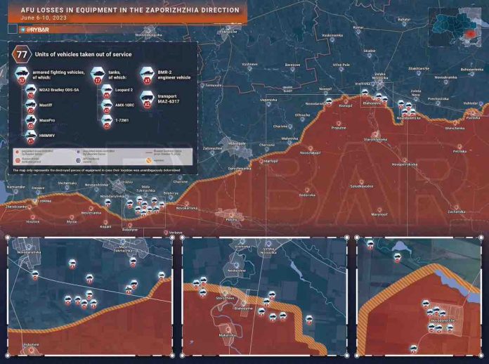 Ribar je sastavio mapu gubitaka opreme AFU u pravcu Zaporožja u proteklih nekoliko dana na osnovu dostupnih snimaka.