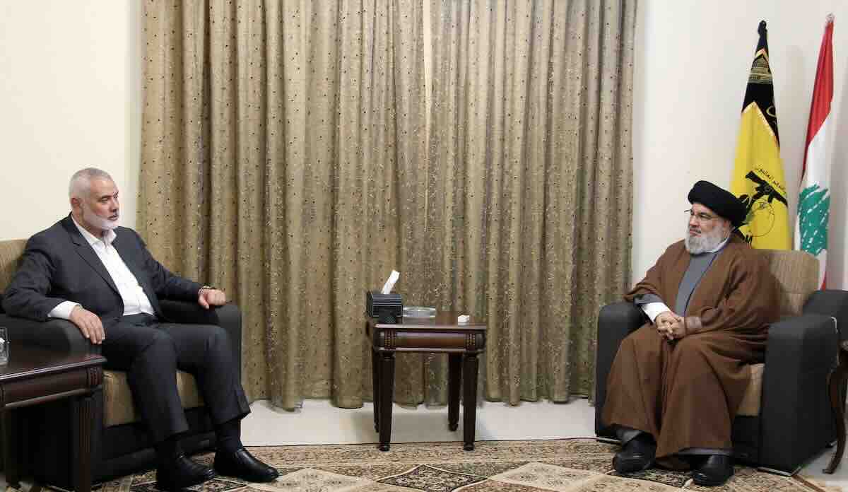 lider hezbolaha sajed hasan nasralah, desno, na sastanku sa ismailom hanijehom, vođom palestinske terorističke grupe hamas, u bejrutu, liban, 29. juna 2021