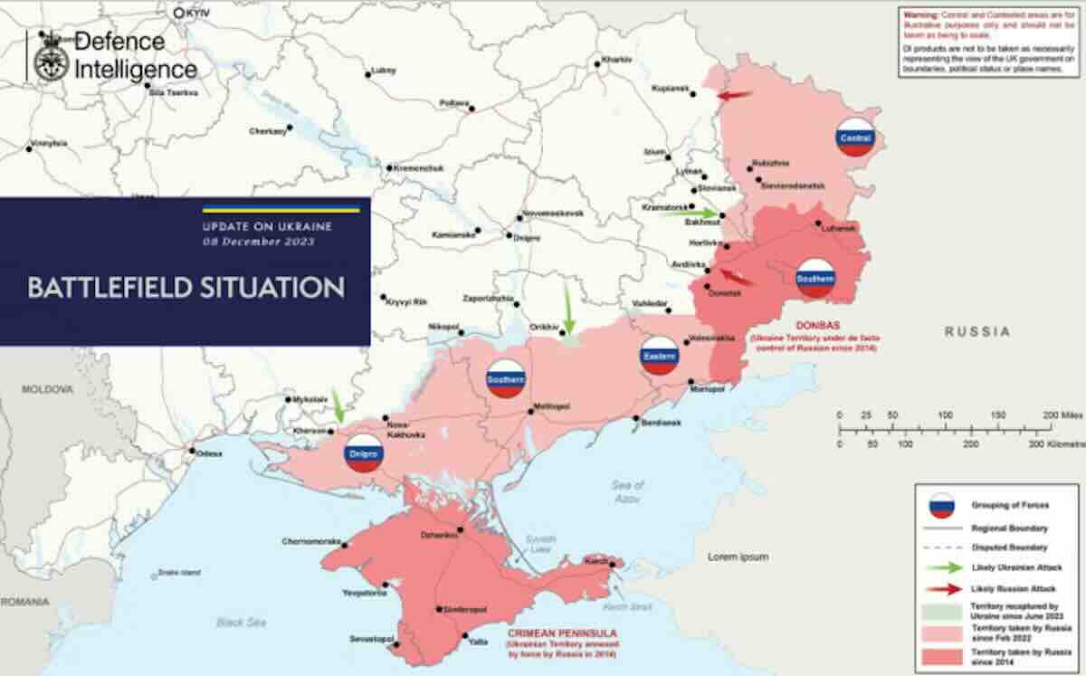 linija fronta u ukrajini u decembru 2023. mapu objavila britanska obavestajna sluzba 1
