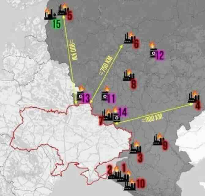 mapa ukrajinskih napada na ruske rafinerije nafte