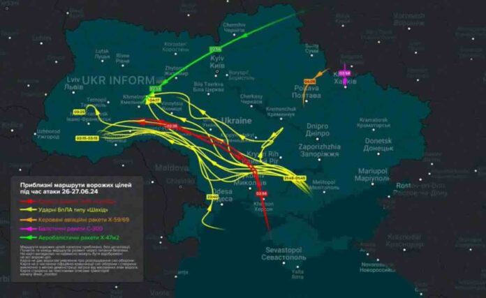 mapa putanje leta ruskih raketa sinoc