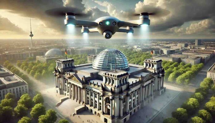dron iznad budnestaga, ai ilustracija
