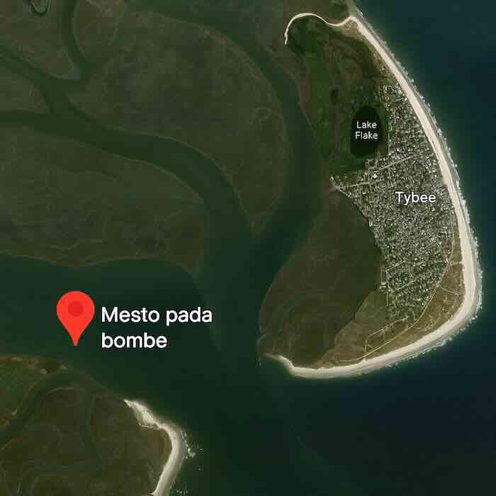 satelitski prikaz ostrva tybee sa označenom tačkom pada nuklearne bombe mark 15