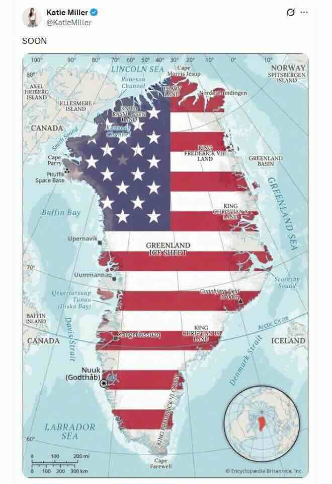 Supruga zamenika sefa administracije Bele kuce objavila je mapu Grenlanda kao americke drzave Supruga zamenika šefa administracije Bele kuće objavila je mapu Grenlanda kao američke države