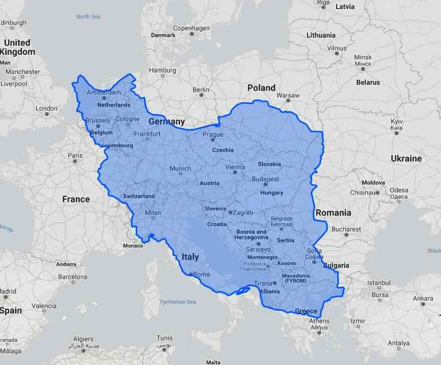 veličina irana naspram evrope