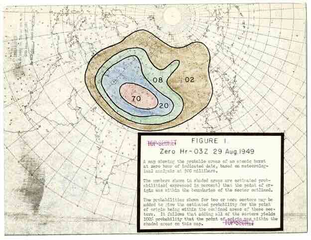 Americka grafika iz septembra 1949. Hidrome teocentar SAD pokazuje mesto prve probe