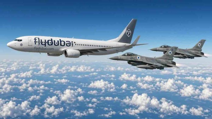 ilustracija Flydubai Boeing 737 u pratnji dva F-16I Sufa